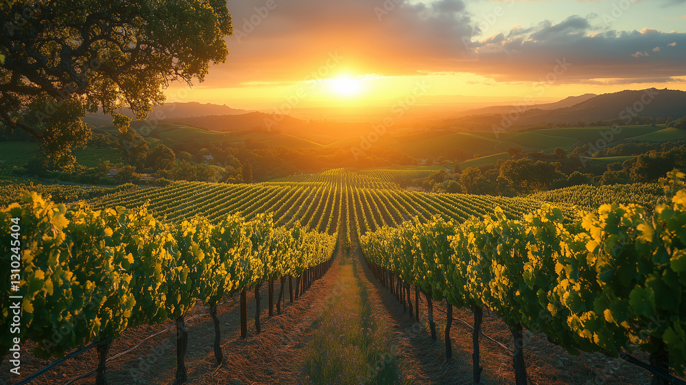 Naklejka premium Elegant Sunrise over a vineyard in spring with dewy grapevines