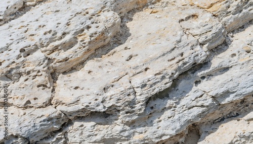 Eroded limestone rock texture, background. Pale, porous limestone with deep fissures and weathered edges illustrates natural erosion, forming a rugged and intricate stone pattern