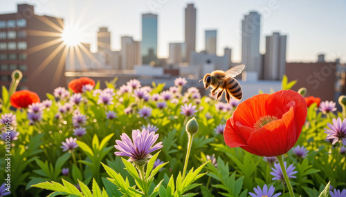 Vibrant rooftop terrace filled with colorful wildflowers and a bee mid-flight approaching a bright red poppy, showcasing nature flourishing in the city