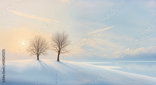 Two bare trees standing in a snow-covered landscape. The sun creates long shadows and a serene winter atmosphere.