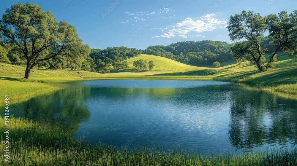 Serene pond reflects idyllic green hillscape Serene pond reflects idyllic green hillscape