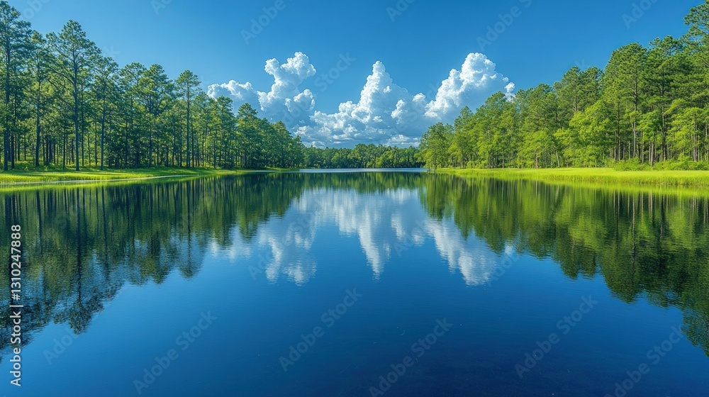 Serene lake mirroring lush trees, fluffy clouds. Serene lake mirroring lush trees, fluffy clouds.
