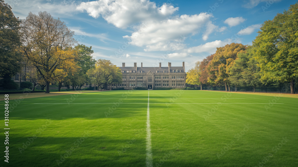 Fototapeta premium Spacious University Campus Rugby Field with Lush Green Turf and Open Space for Games or Events, Featuring Expansive Area for Text Addition