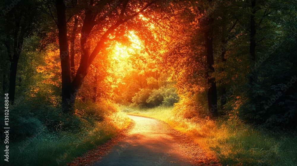 Sunlit path winds through autumnal forest trees Sunlit path winds through autumnal forest trees