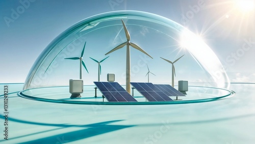 light filled transparent space with solar panels and wind turbines for eco friendly energy promotions