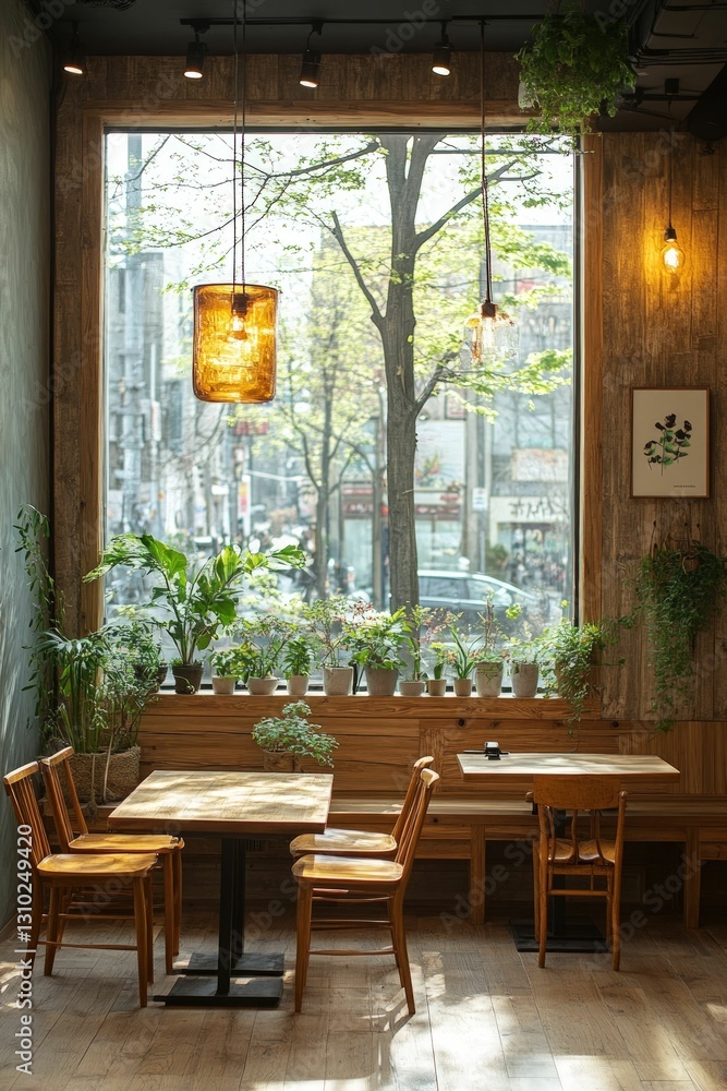 Fototapeta premium Sunny cafe with wooden furniture, plants, and city view.