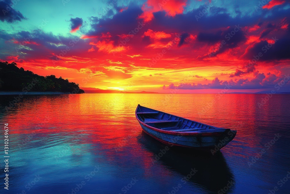 Serene sunset, lone boat, tranquil ocean waters. Serene sunset, lone boat, tranquil ocean waters.