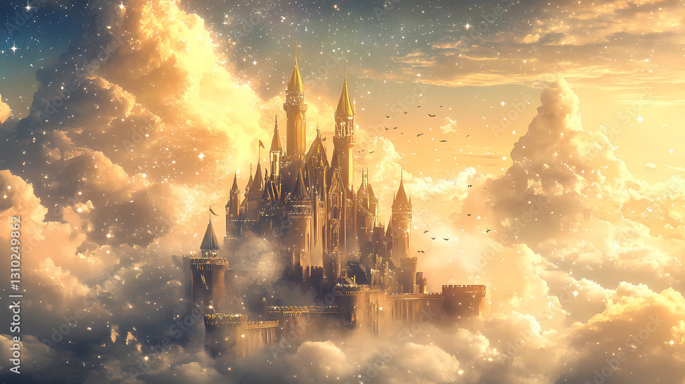 Fototapeta premium A resplendent golden castle rests among the soft clouds, twinkling with stardust, exuding an aura of mystery and enchantment. Resplendent - Palace. Illustration