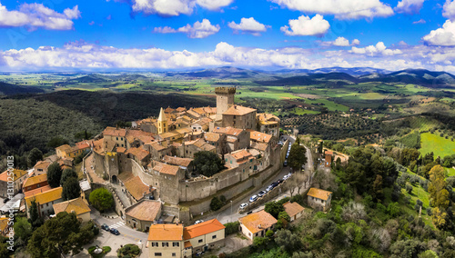 Italy travel and landmarks. Capalbio - charming small traditional hill top village (borgo) in Tuscany. Grosetto province. considered one of the most beautiful villages of Italy. aerial panoramic view