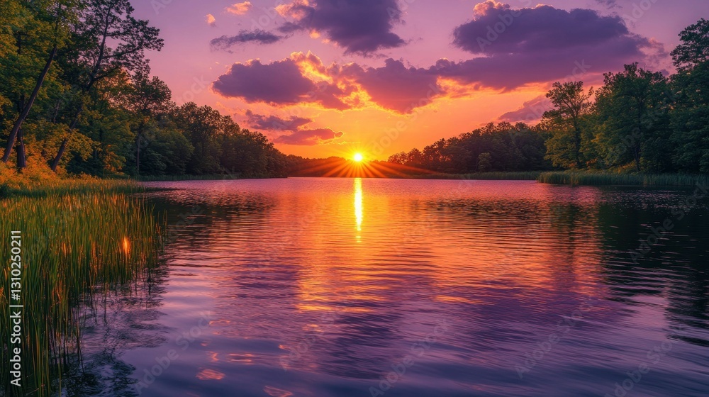 Serene sunset over calm lake, trees reflected. Serene sunset over calm lake, trees reflected.