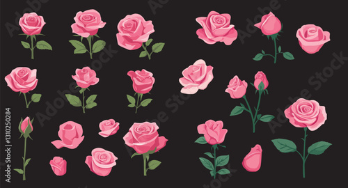 set of adorable drawn rose flowers