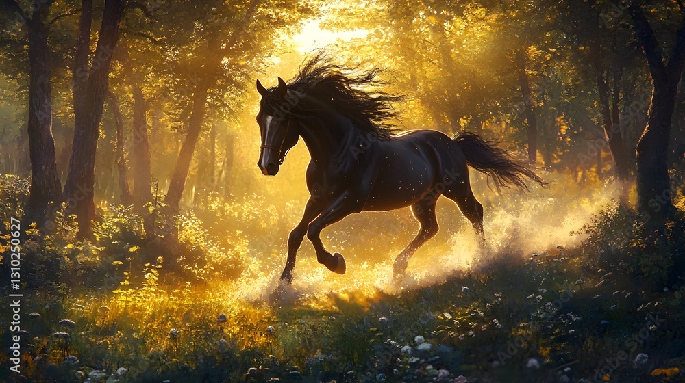 An elegant horse galloping through a forest in the evening An elegant horse galloping through a forest in the evening