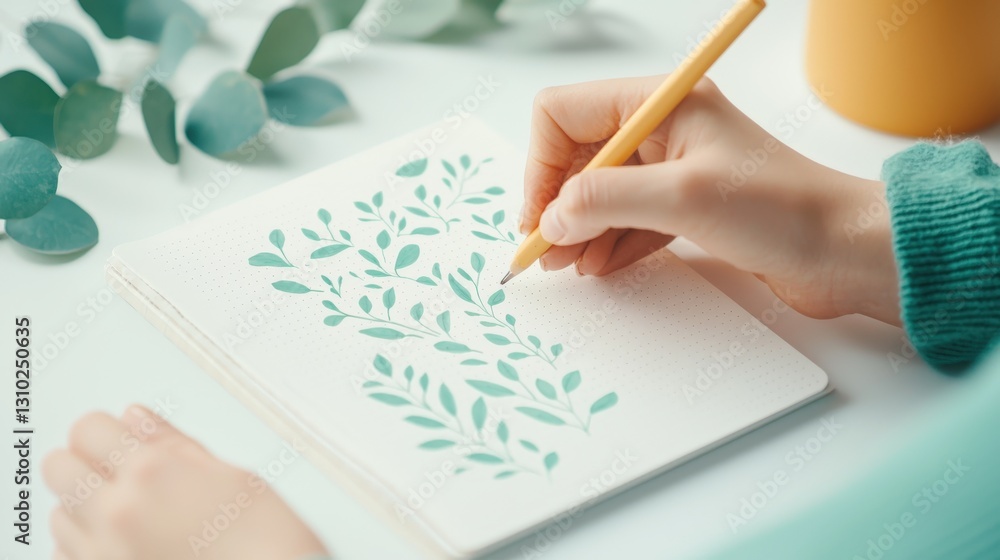 Hand Drawing Green Leaves with Pencil on White Sketchbook Hand Drawing Green Leaves with Pencil on White Sketchbook