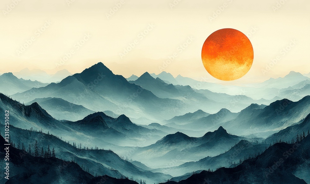 Fototapeta premium Serene mountain vista, orange sun, misty peaks.