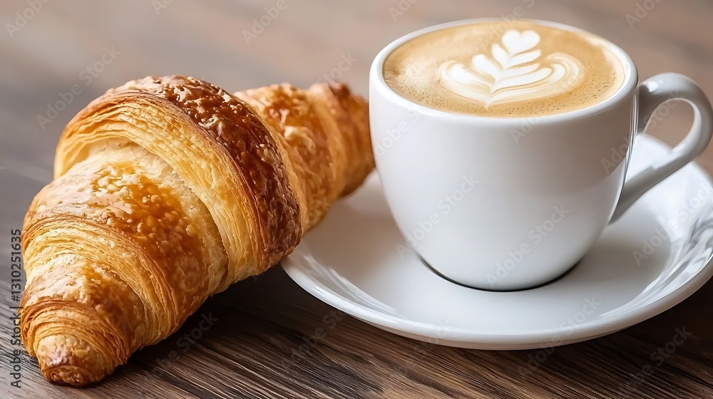 Delicious Croissant and Latte Coffee Rustic Breakfast Food Image Delicious Croissant and Latte Coffee Rustic Breakfast Food Image