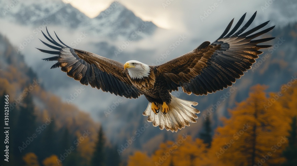 Obraz premium Majestic eagle soaring, autumnal mountains.