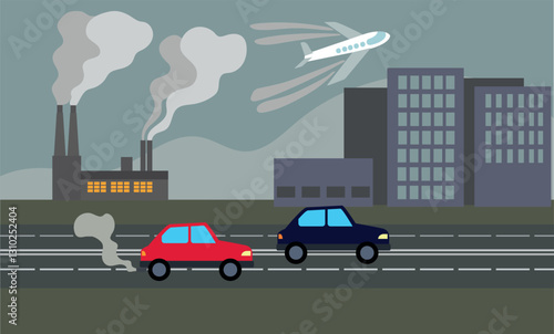 Sources of air pollution caused by human activities: vehicular pollution by car and airplane, industrial emissions by factory. Environmental challenges and carbon emissions against a grey cityscape