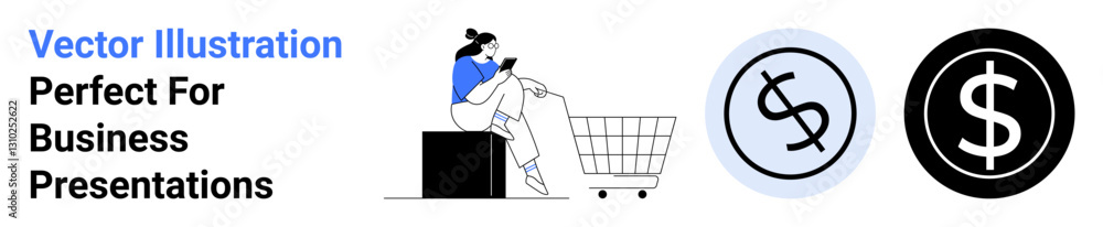 Woman sitting on a box while shopping on her phone, with a cart and currency icons nearby. Ideal for e-commerce, business, finance, online sales, trade, retail, flat landing page banner Woman sitting on a box while shopping on her phone, with a cart and currency icons nearby. Ideal for e-commerce, business, finance, online sales, trade, retail, flat landing page banner