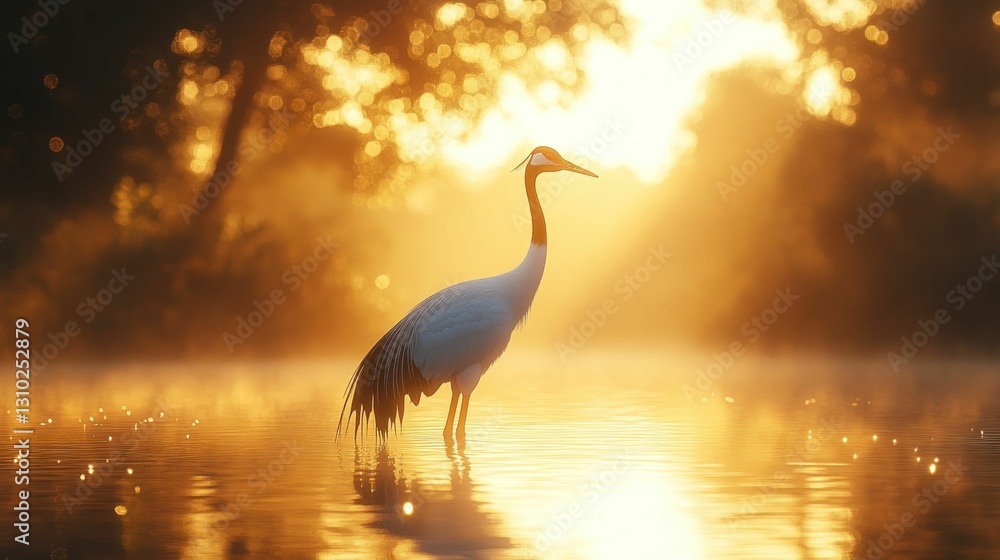 Fototapeta premium Majestic crane sunrise water golden light