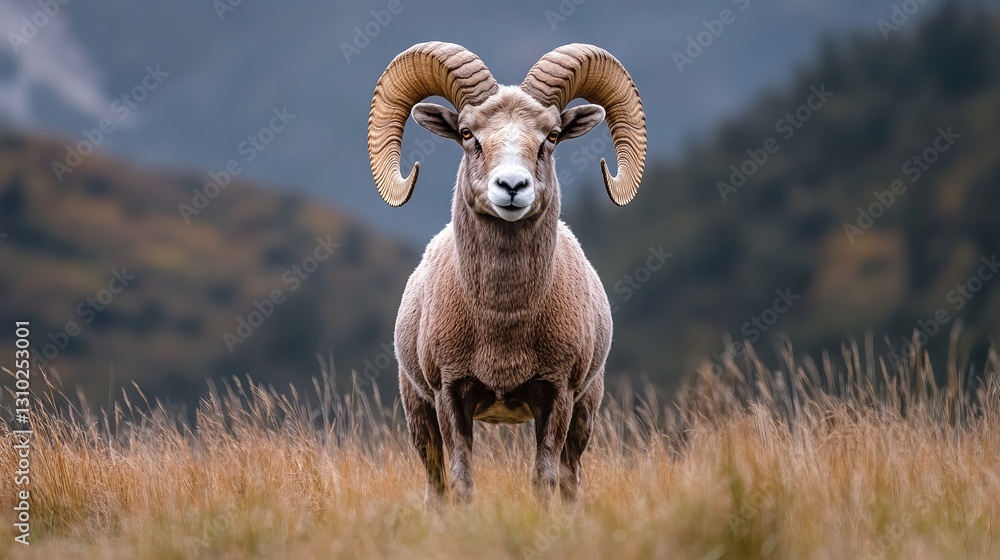Naklejka premium Majestic Bighorn Sheep Ram in Autumn Grassland Wild Nature Powerful Horns Mountain Animal Wildlife Photography Scenic Landscape Image Beautiful