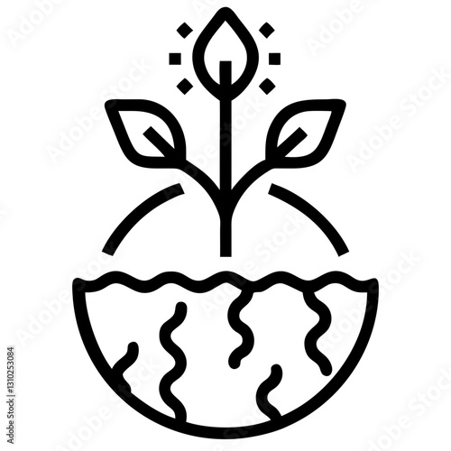 Sprout growing from Earth symbolizing sustainability and environmental care in black outline style