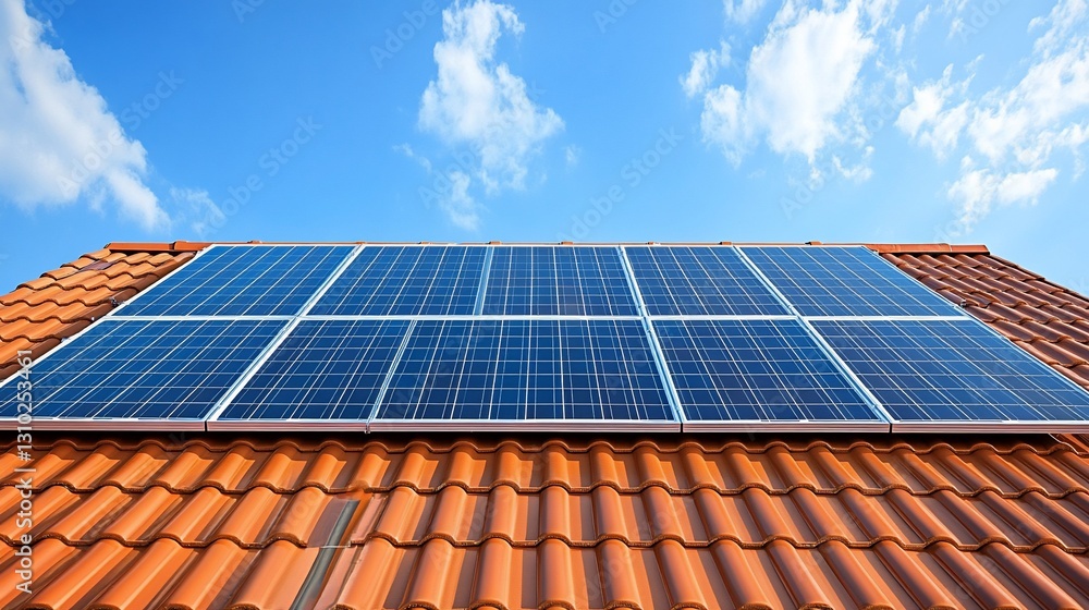 Rooftop solar panels, sunny day, clean energy, home installation Rooftop solar panels, sunny day, clean energy, home installation