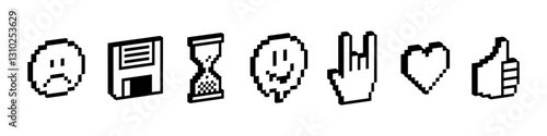 Y2k trendy collage sticker set. Sad face, melting smile face, heart, thumbs up. 3D pixel art black elements. Mood of 90's. 8-bit retro style vector illustration. Geometric shape. Game abstract icons