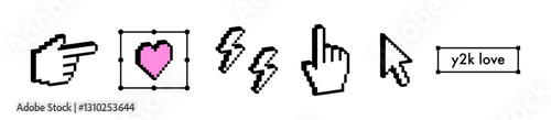 Y2k pointing finger, cursor sticker. Black geometric shapes isolated on white background. 3D hand gestures icon. Pixel art. Love heart trendy design element. 3D vintage social media icon emoji