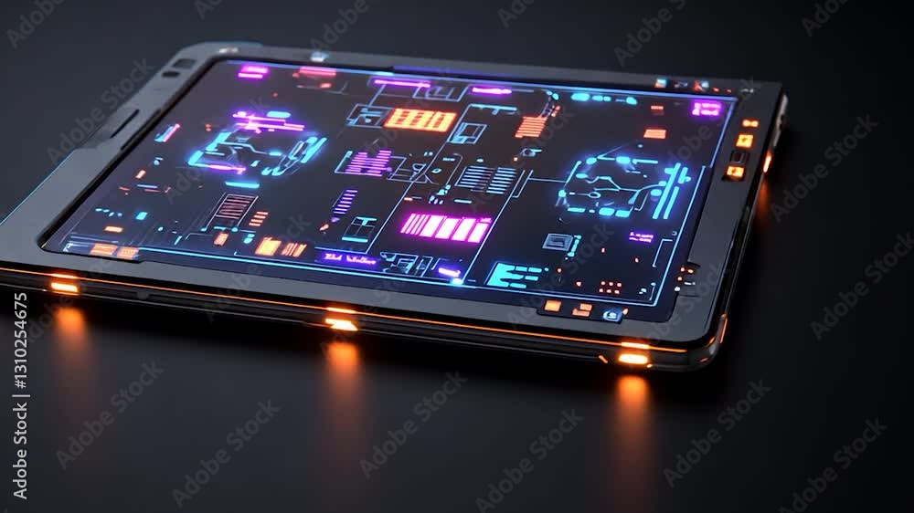 Futuristic tablet with glowing interface displaying data and graphics on a dark surface Futuristic tablet with glowing interface displaying data and graphics on a dark surface