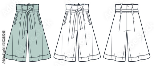 Wide Leg Paperbag Short Pants technical fashion illustration. Bermuda Shorts fashion flat technical drawing template, knee length, pockets, belt, front and back view, white, green, women CAD mockup.
