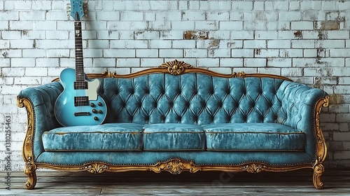 Retro tufted couch with electric guitar HD images