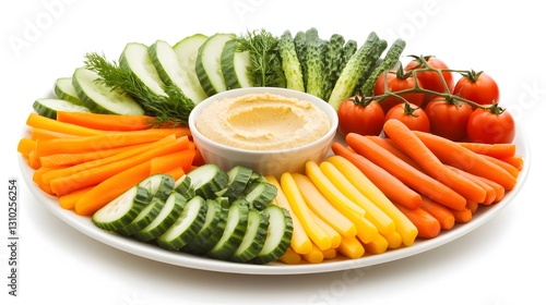 Wallpaper Mural Realistic colorful vegetable platter with sliced cucumbers, bell peppers, cherry tomatoes, & carrot sticks, white background Torontodigital.ca