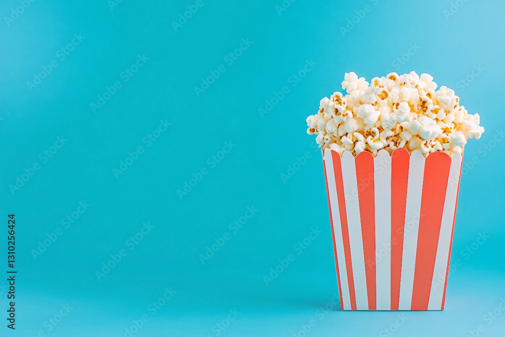 Classic Red and White Popcorn Bucket on Blue Background for Cinema Movie Watching, Generative AI Classic Red and White Popcorn Bucket on Blue Background for Cinema Movie Watching, Generative AI