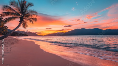 A tropical beach sunset features palm trees silhouetted against a pink sky.