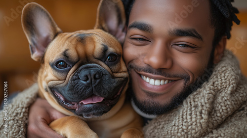 man using wheelchair petting cute French bulldog