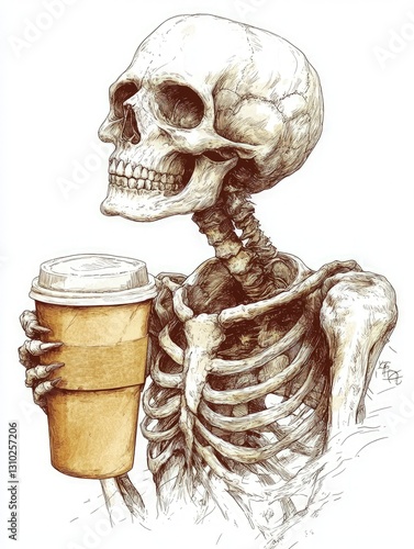 Whimsical Skeleton Holding Coffee: Funny Halloween Illustration with Quirky Humor and Caffeine Delight