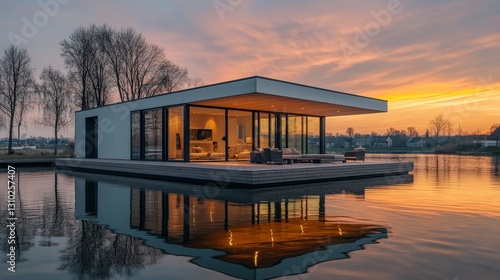 Modern Container Home on Water with Sunset View and Spacious Interior