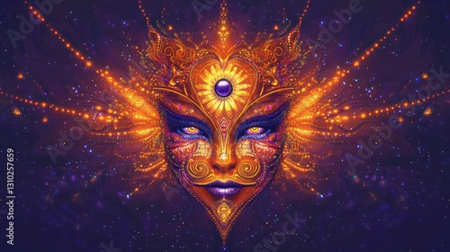 Ornate Golden Mask in Cosmic Background