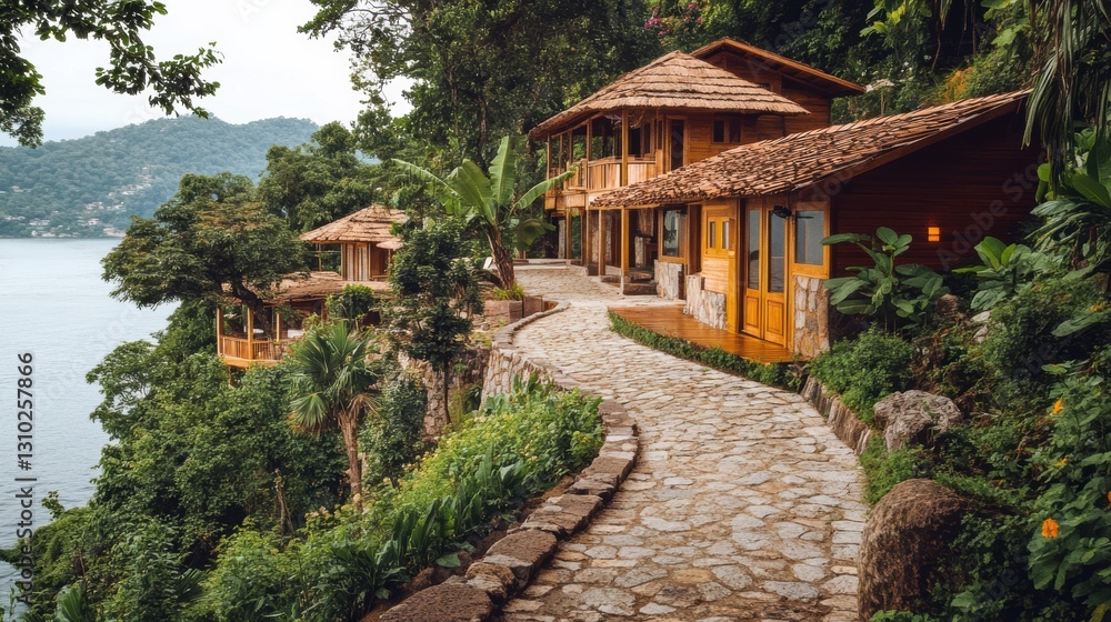 A stone path ascends to a house perched on a mountain slope. A stone path ascends to a house perched on a mountain slope.