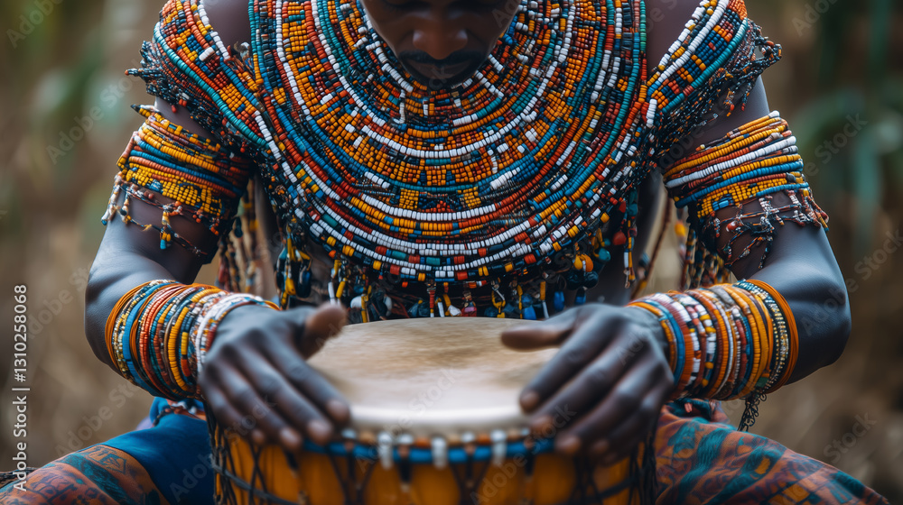 Cultural celebration is highlighted by an artisan playing a drum while wearing traditional beaded attire during a community festival in an outdoor setting Cultural celebration is highlighted by an artisan playing a drum while wearing traditional beaded attire during a community festival in an outdoor setting