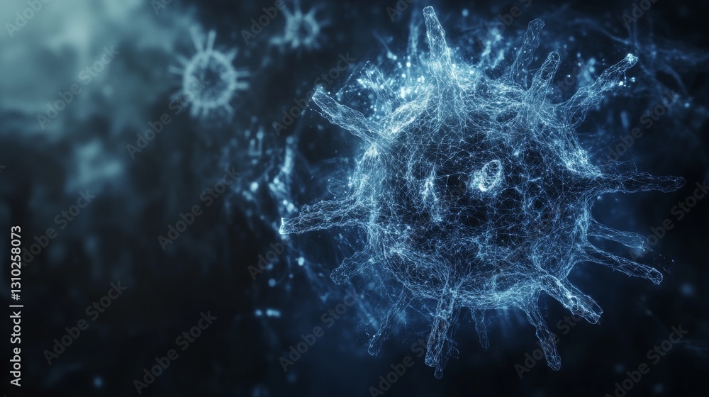 Fototapeta premium Digital visualization of virus structure with blue networks and spikes.
