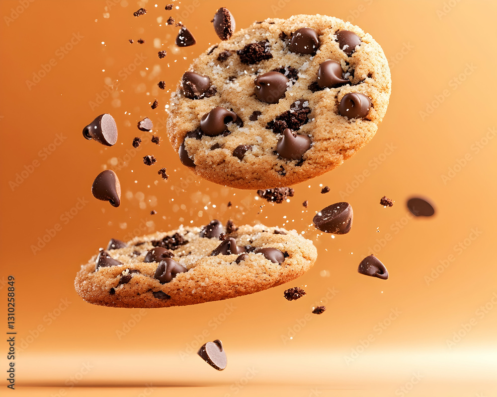 Chocolate chip cookies levitate against a solid orange gradient background Chocolate chip cookies levitate against a solid orange gradient background