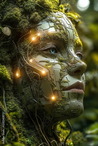 A futuristic humanoid face integrated with moss and advanced circuitry, glowing with warm lights, representing the fusion of nature and technology in a cybernetic ecosystem