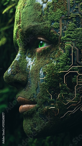 A cybernetic humanoid face covered in moss and circuits, with a glowing green eye, symbolizing the fusion of nature and technology in a futuristic, eco-friendly world
