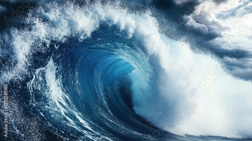 
Powerful ocean wave crashing with dramatic motion and deep blue tones



