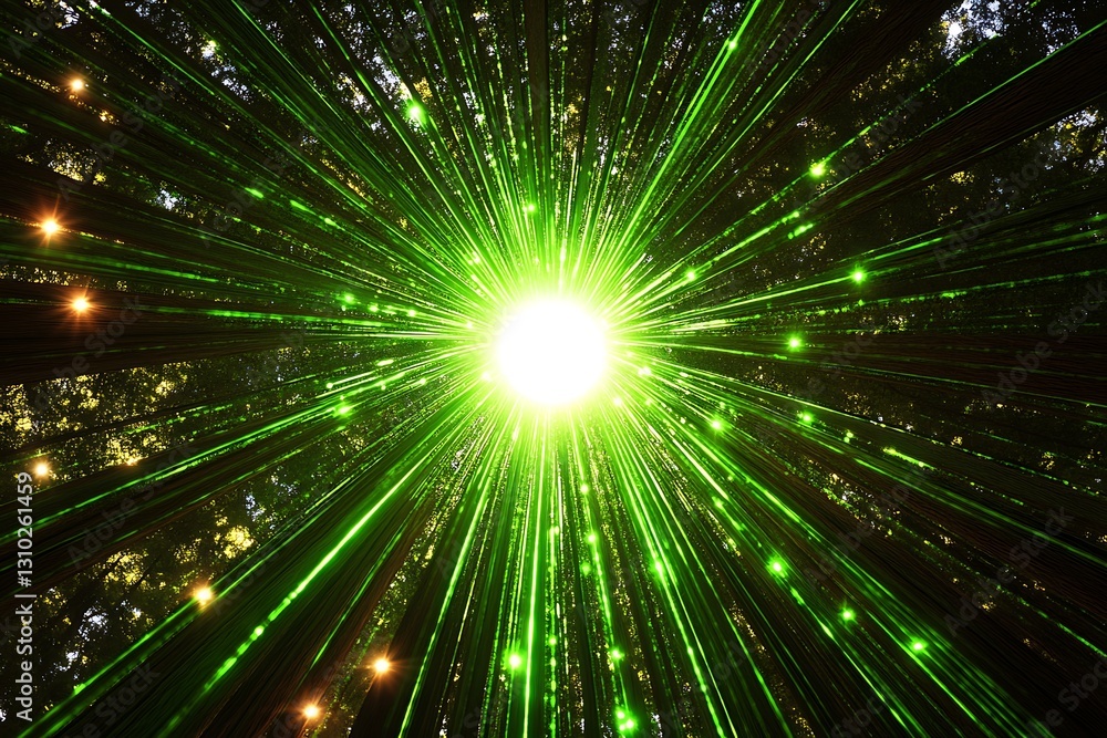 Fototapeta premium Luminous convergence beams in forest, captivating glow illuminating trees