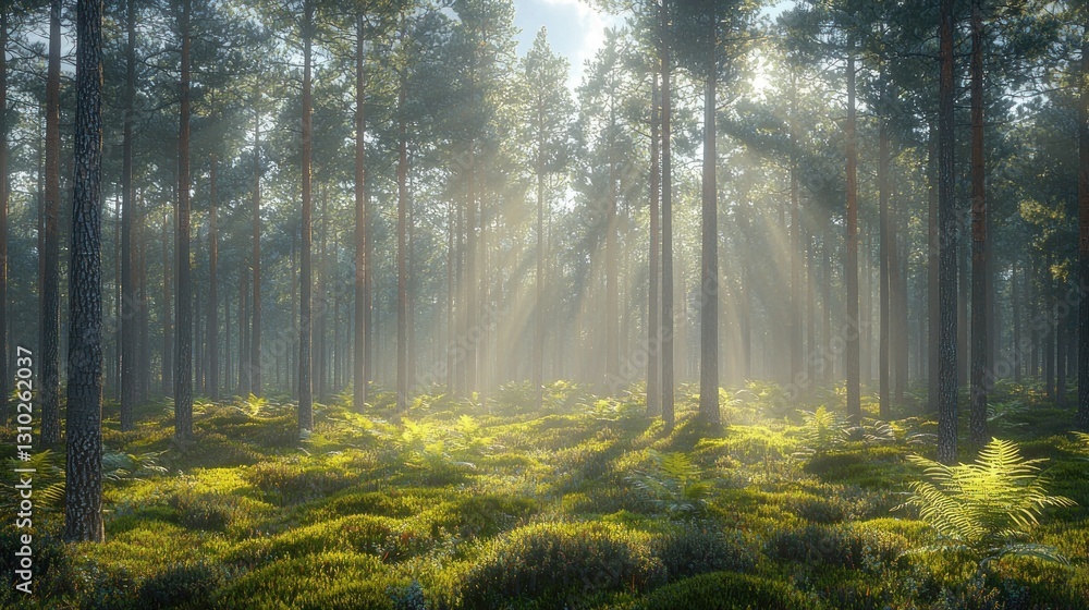 Fototapeta premium Serene forest landscape with sun rays filtering through tall trees and ferns
