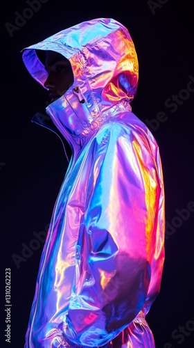 Futuristic holographic jacket in minimalist silhouette on dark background