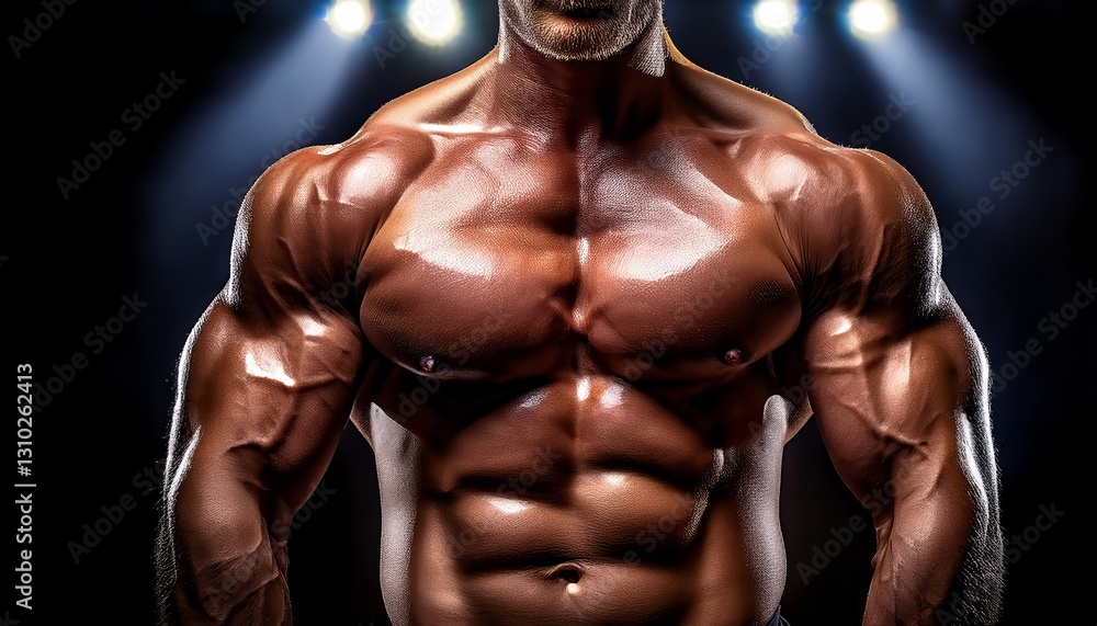 Obraz premium Muscular man showcasing fitness and strength under dramatic lighting in an indoor gym