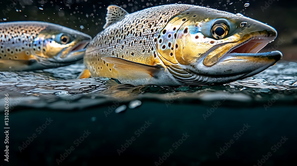 Brown Trout Leap, River, Underwater Brown Trout Leap, River, Underwater